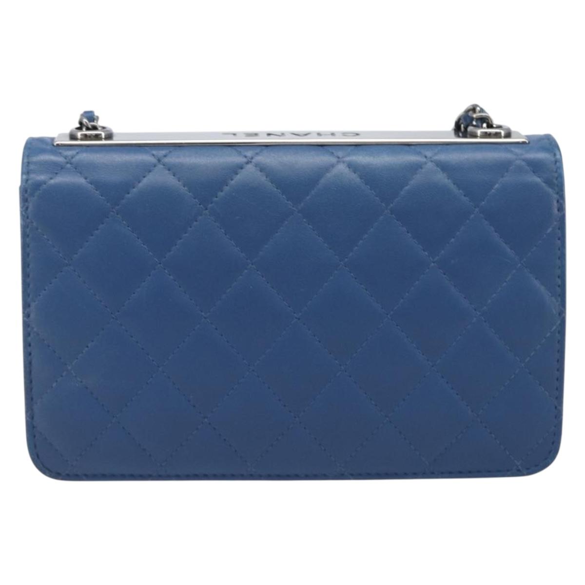 CHANEL Matelasse Trendy CC Chain Wallet Lamb Skin Blue Silver CC Auth 199460SAM