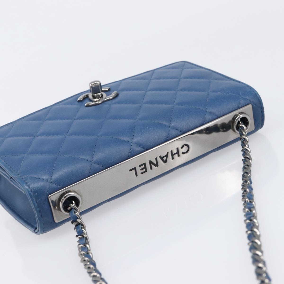 CHANEL Matelasse Trendy CC Chain Wallet Lamb Skin Blue Silver CC Auth 199460SAM