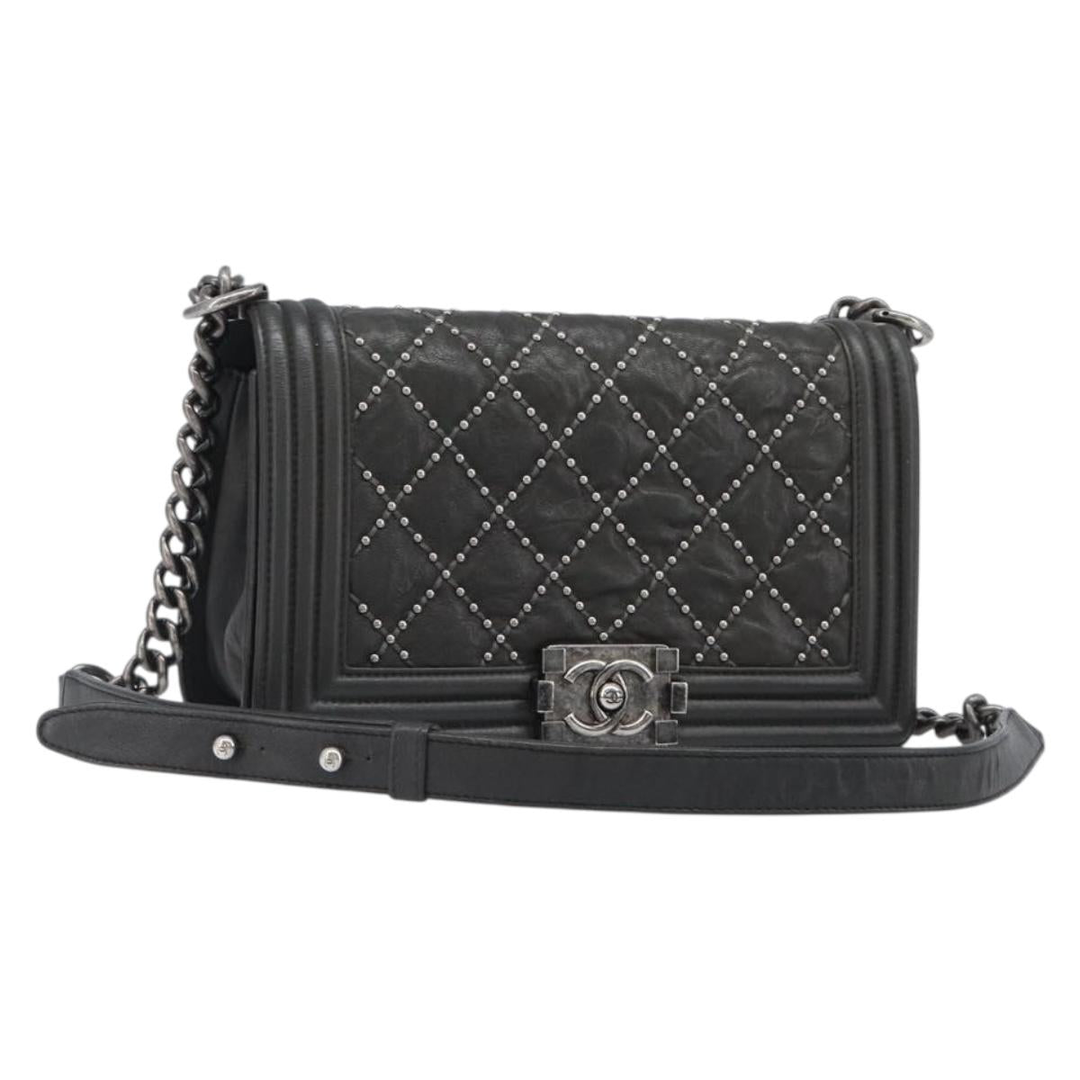 CHANEL Matelasse Boy Chanel Chain Bag Leather Black Silver CC Auth 199461SAM