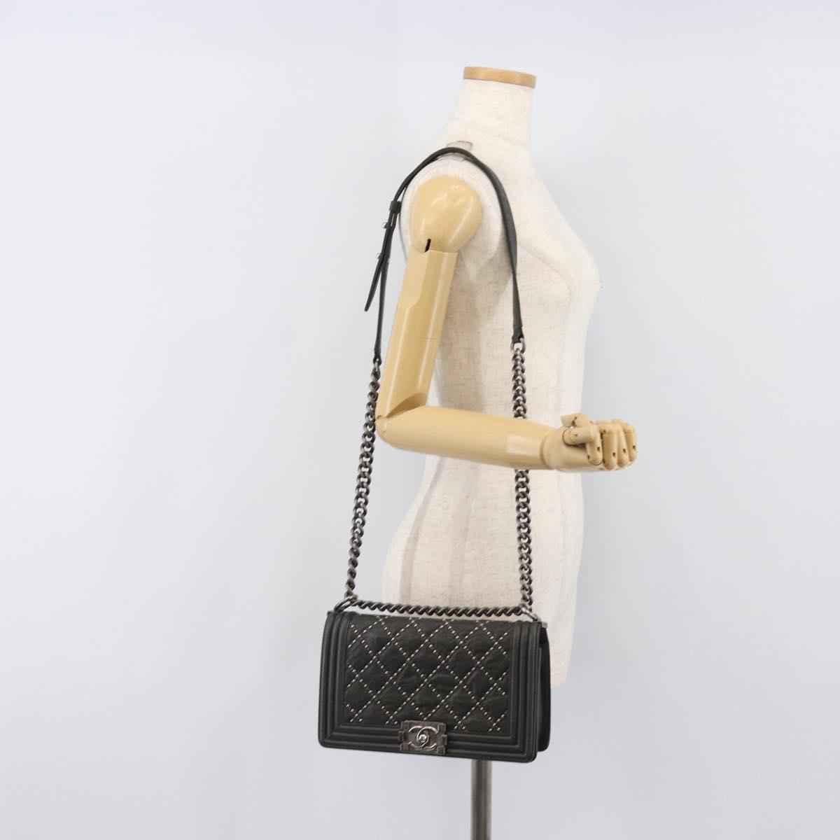 CHANEL Matelasse Boy Chanel Chain Bag Leather Black Silver CC Auth 199461SAM