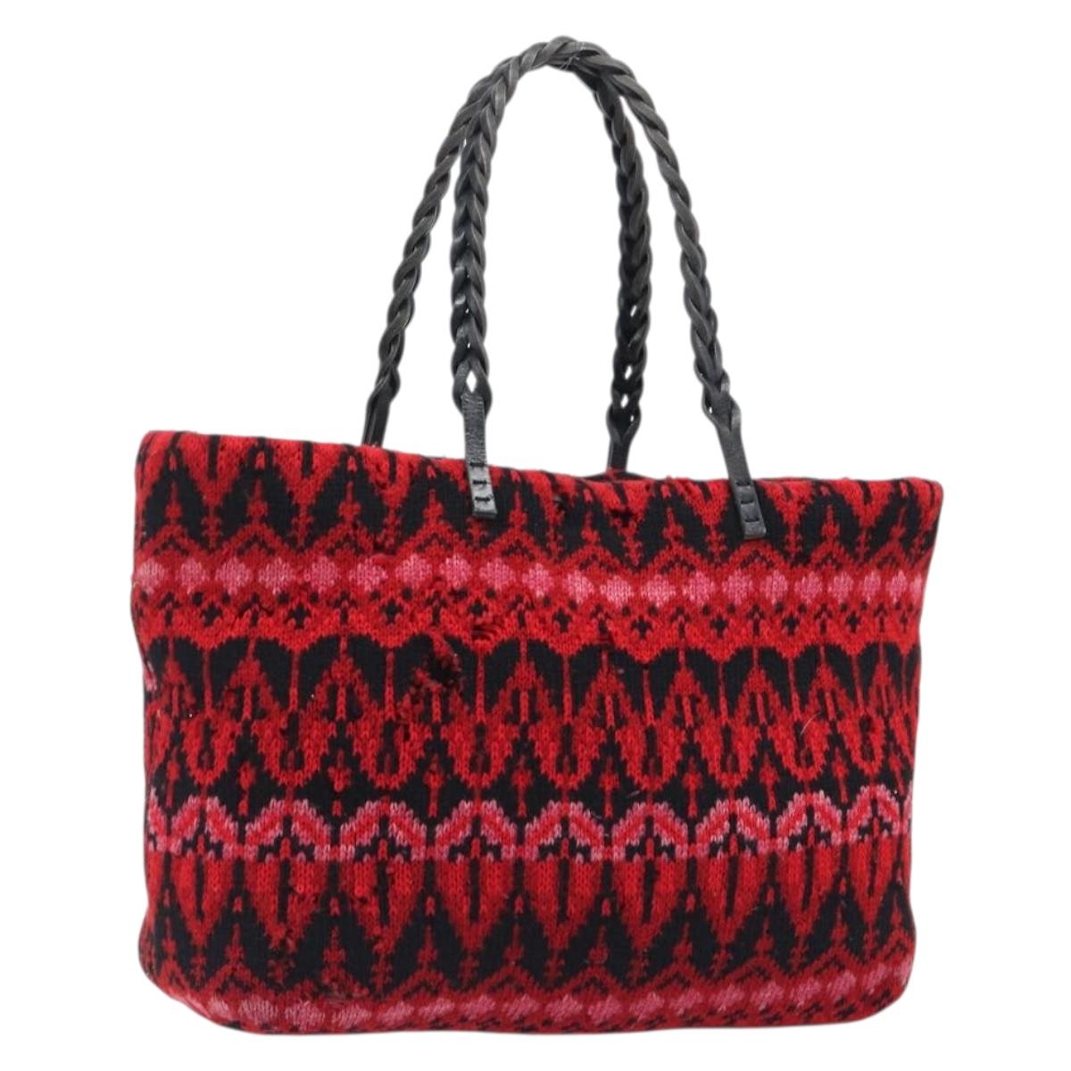 FENDI Tote Bag Wool Red Silver Auth 199467A