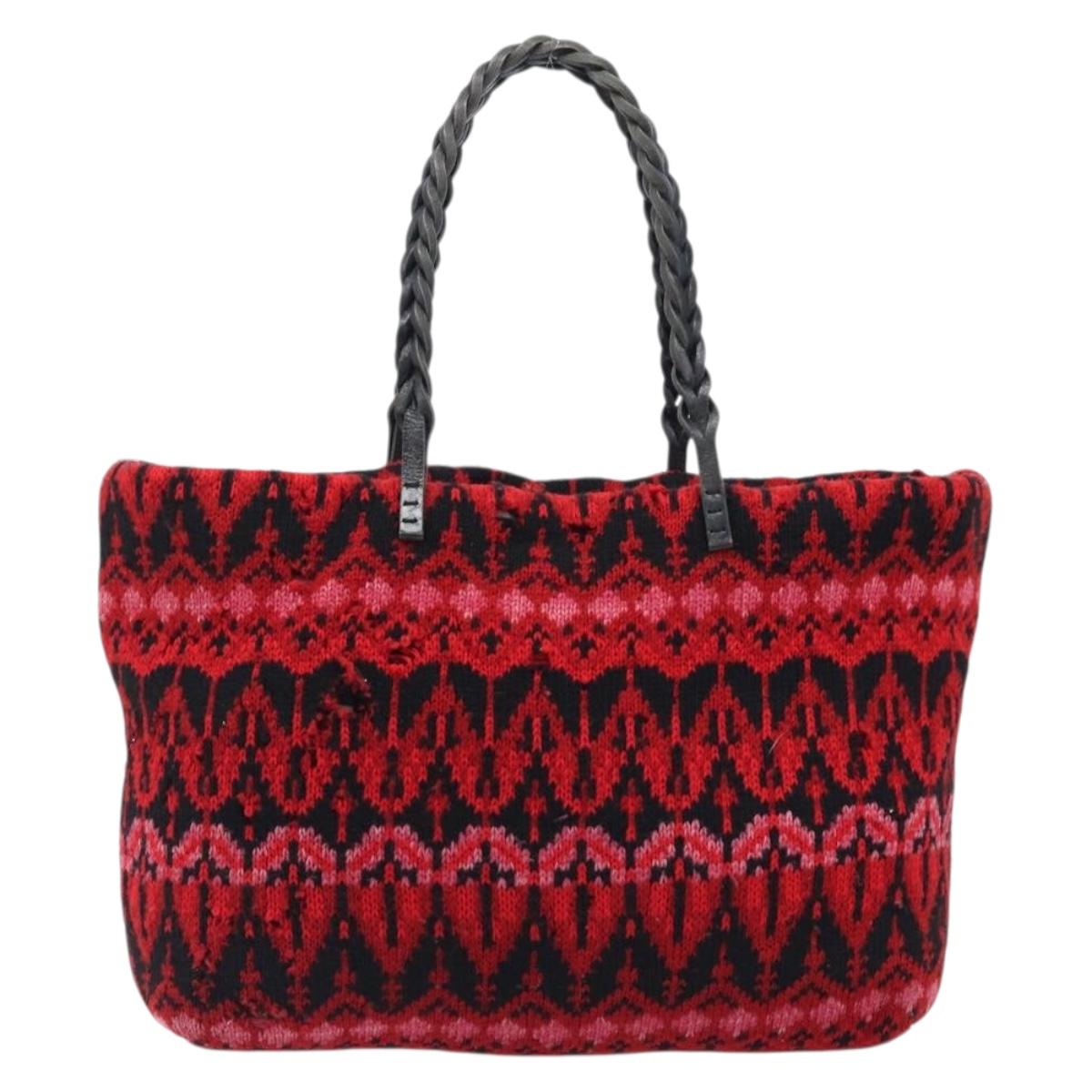 FENDI Tote Bag Wool Red Silver Auth 199467A