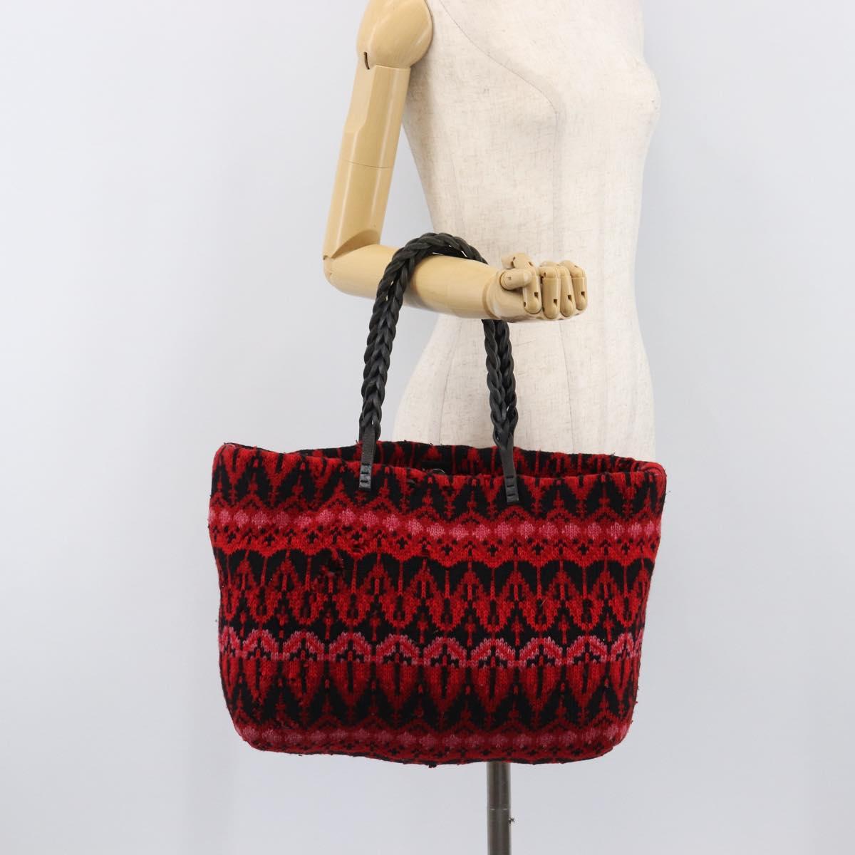 FENDI Tote Bag Wool Red Silver Auth 199467A