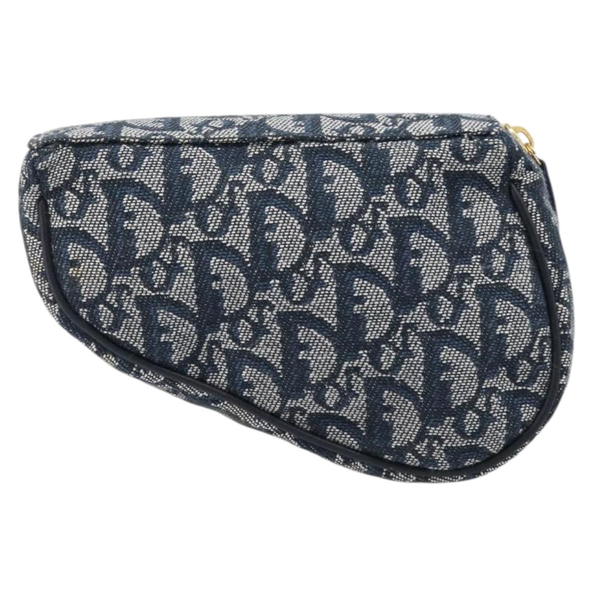Christian Dior Trotter Canvas Saddle Pouch Navy Gold Auth 199475