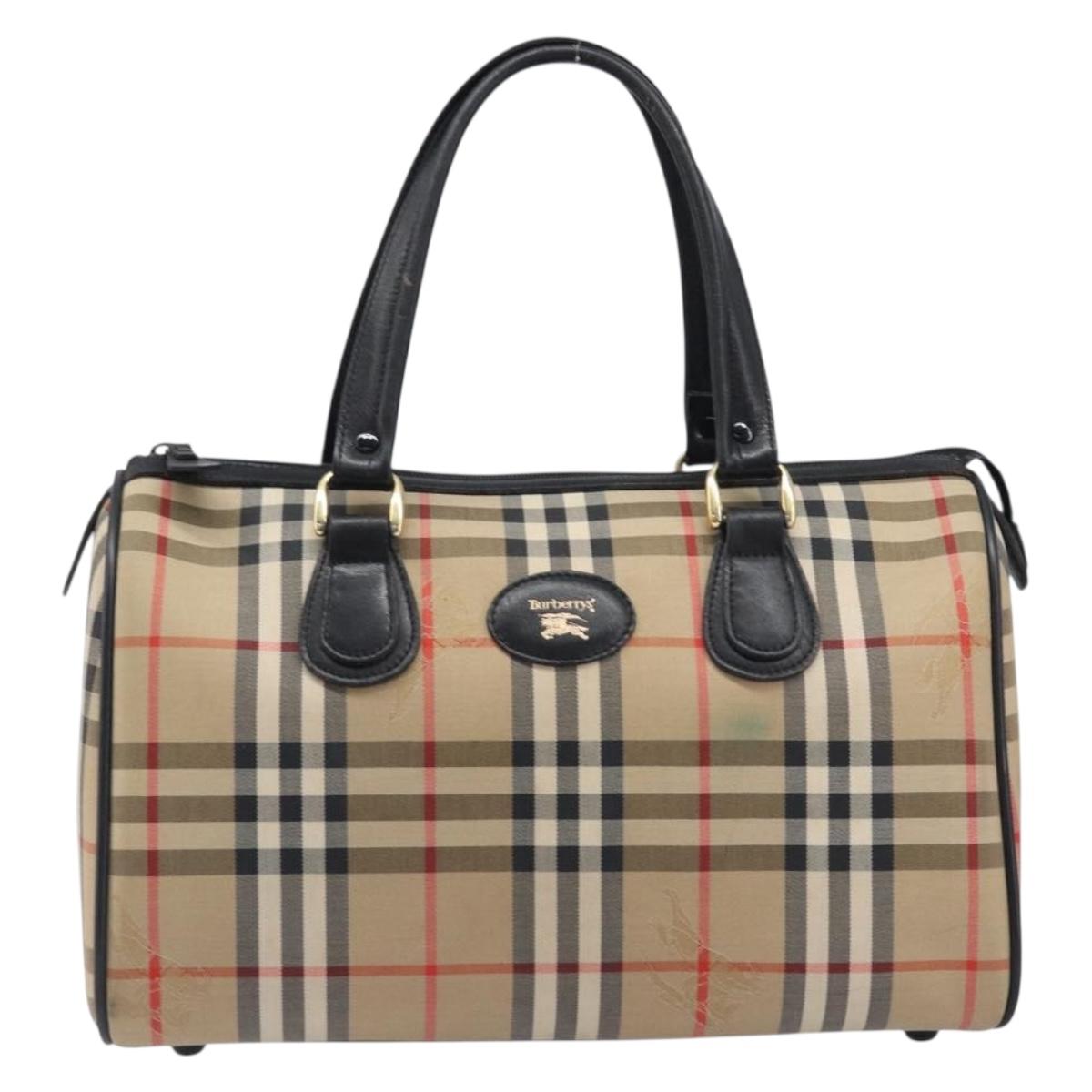 Burberrys Nova Check Boston Bag Canvas Beige Gold Auth 199480