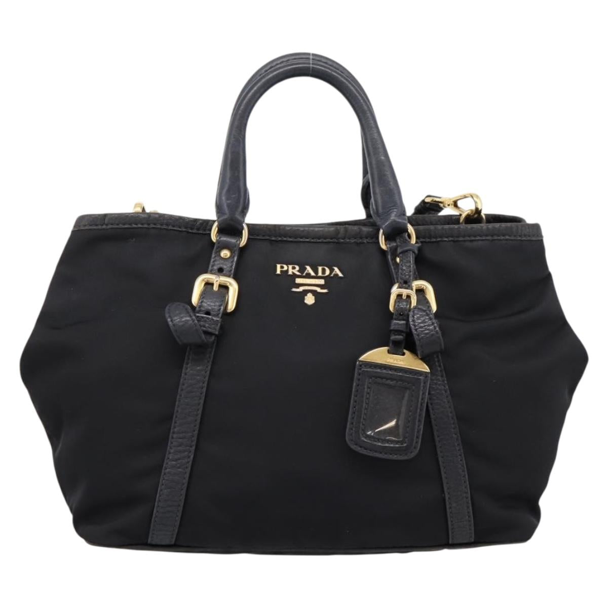 PRADA Hand Bag Nylon Leather 2way Black Gold Auth 199485A