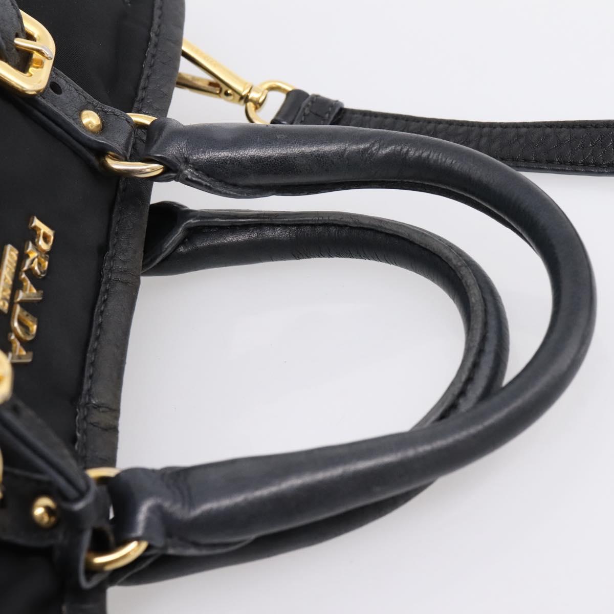 PRADA Hand Bag Nylon Leather 2way Black Gold Auth 199485A