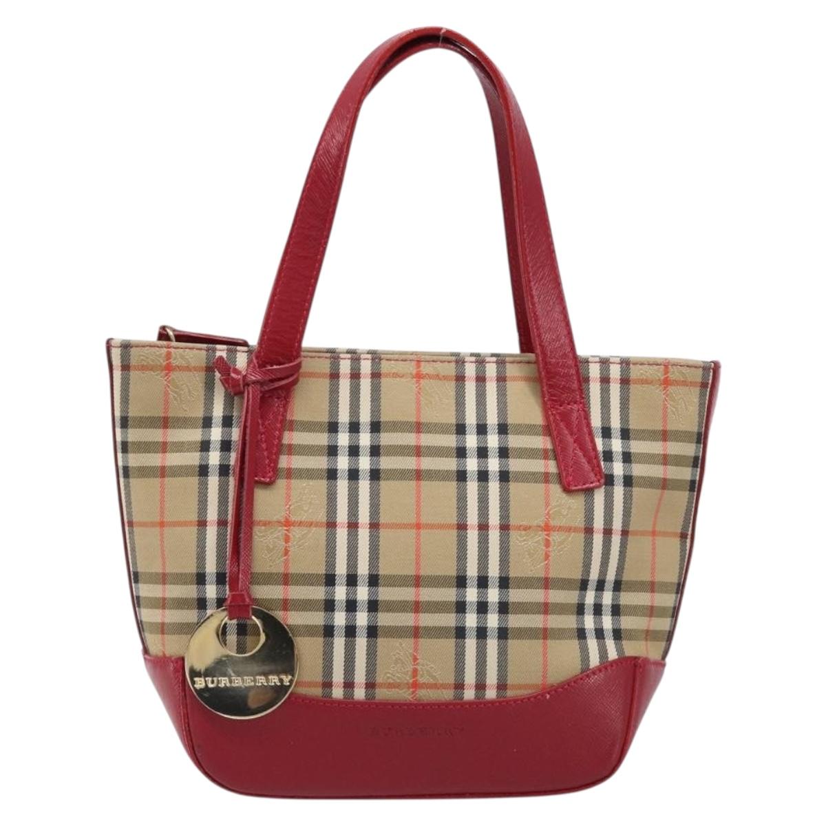 BURBERRY Nova Check Hand Bag Canvas Beige Red Auth 199497A