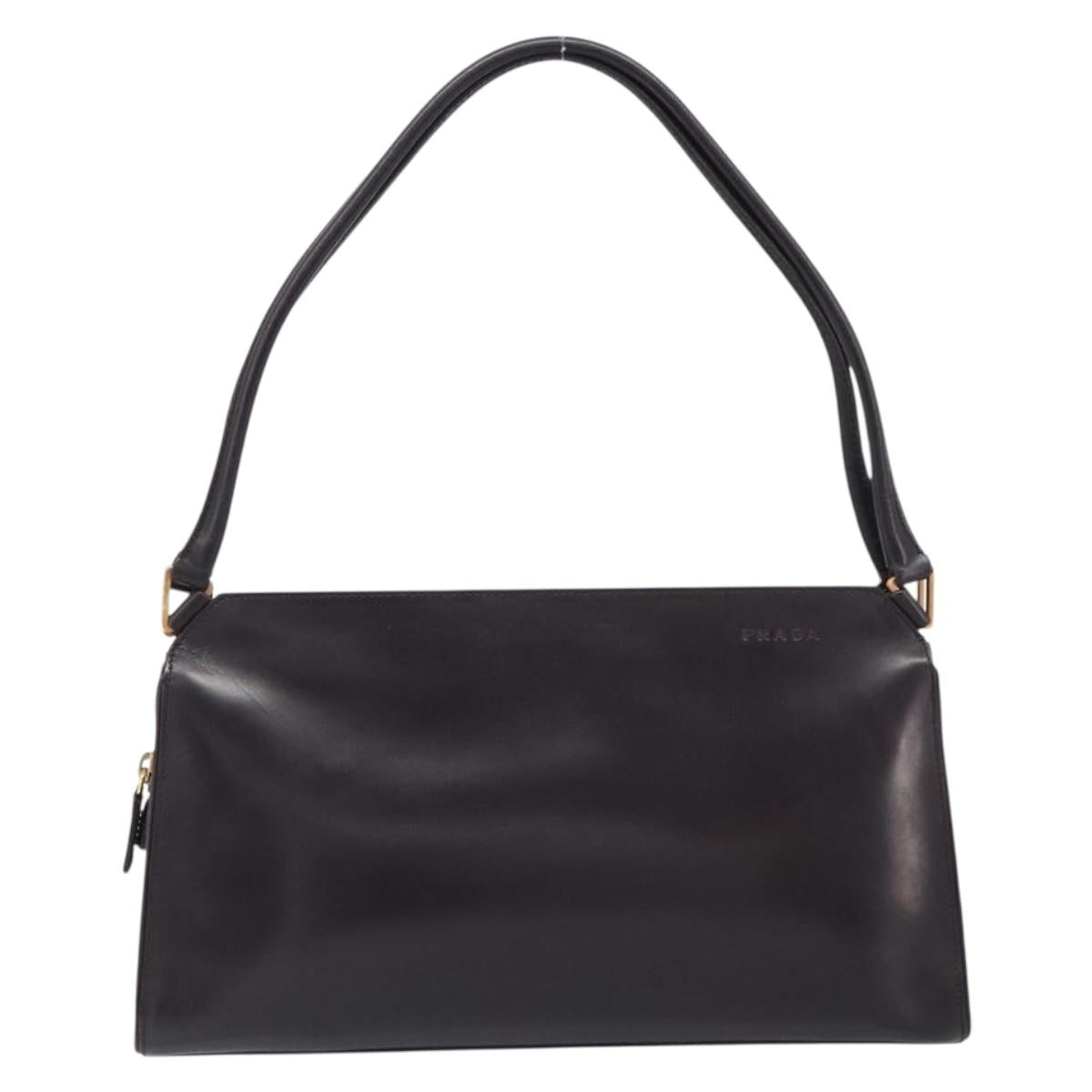PRADA Tote Bag Leather Dark Brown Gold Tone Auth 199503A