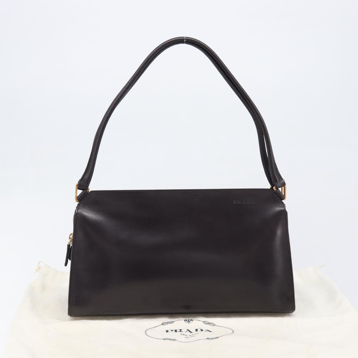 PRADA Tote Bag Leather Dark Brown Gold Tone Auth 199503A