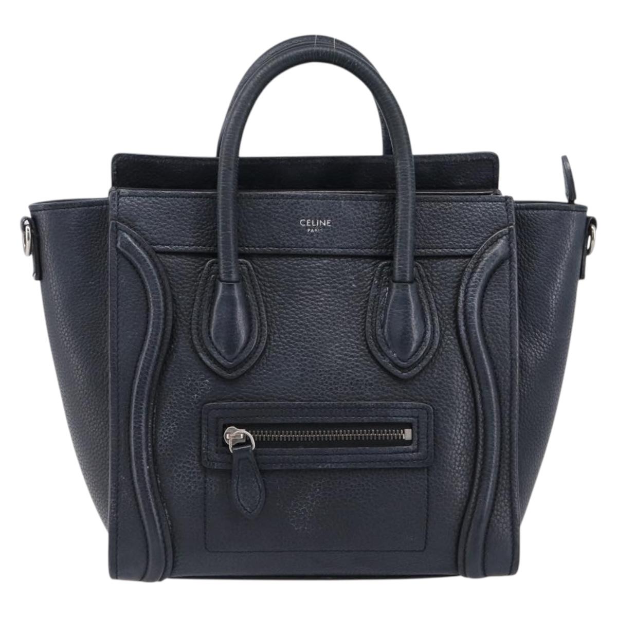 CELINE Luggage Nano Shopper Hand Bag Leather Navy Silver Auth 199504