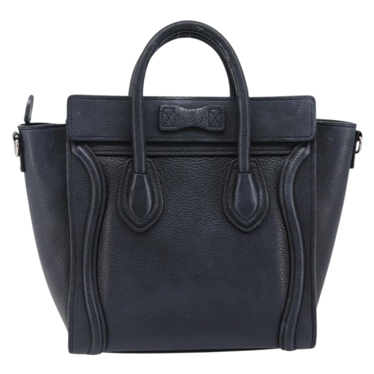 CELINE Luggage Nano Shopper Hand Bag Leather Navy Silver Auth 199504
