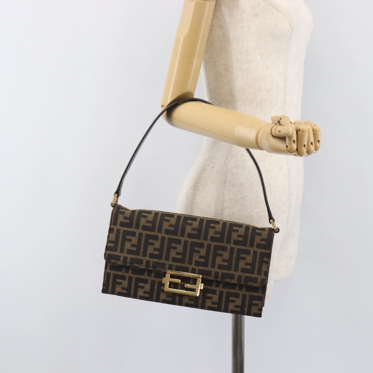 FENDI Zucca Canvas Shoulder Bag Brown Gold Tone Auth 199508A