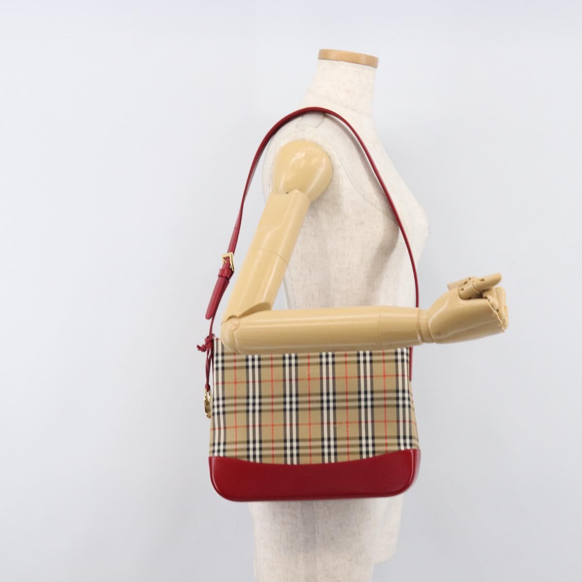 BURBERRY Nova Check Shoulder Bag Canvas Beige Red Auth 199510V
