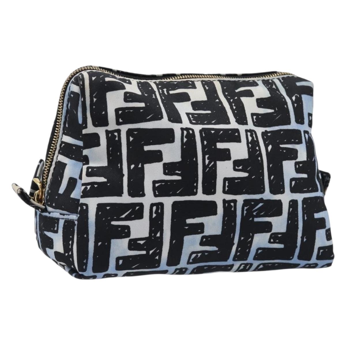 FENDI Zucca Pouch Nylon Blue Gold Tone Auth 199529A