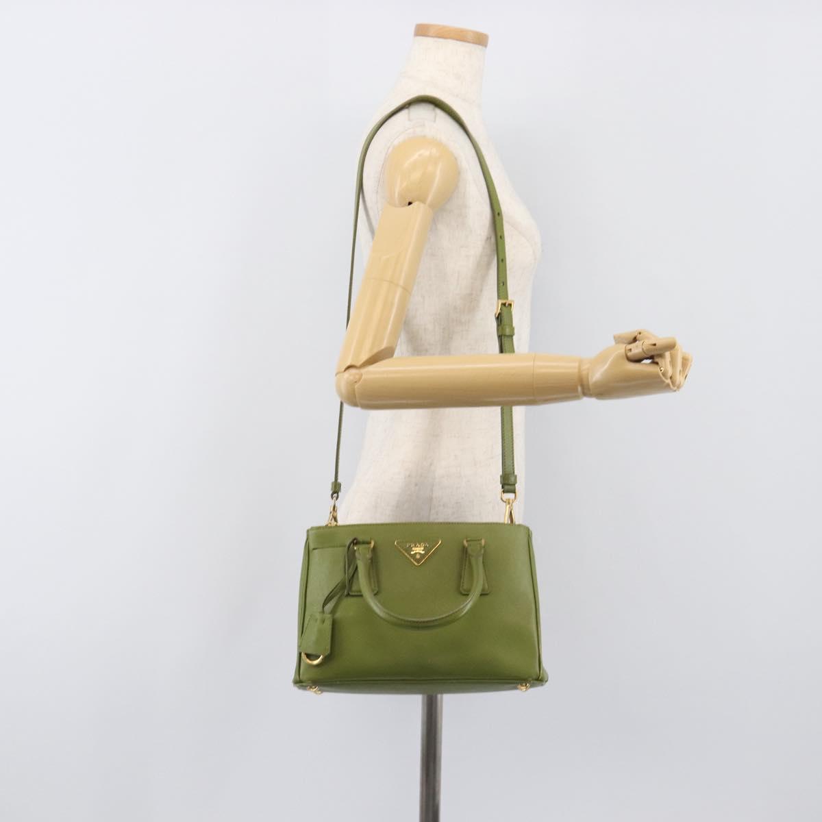 PRADA Galleria Hand Bag Saffiano 2way Green Gold Tone Auth 199533A