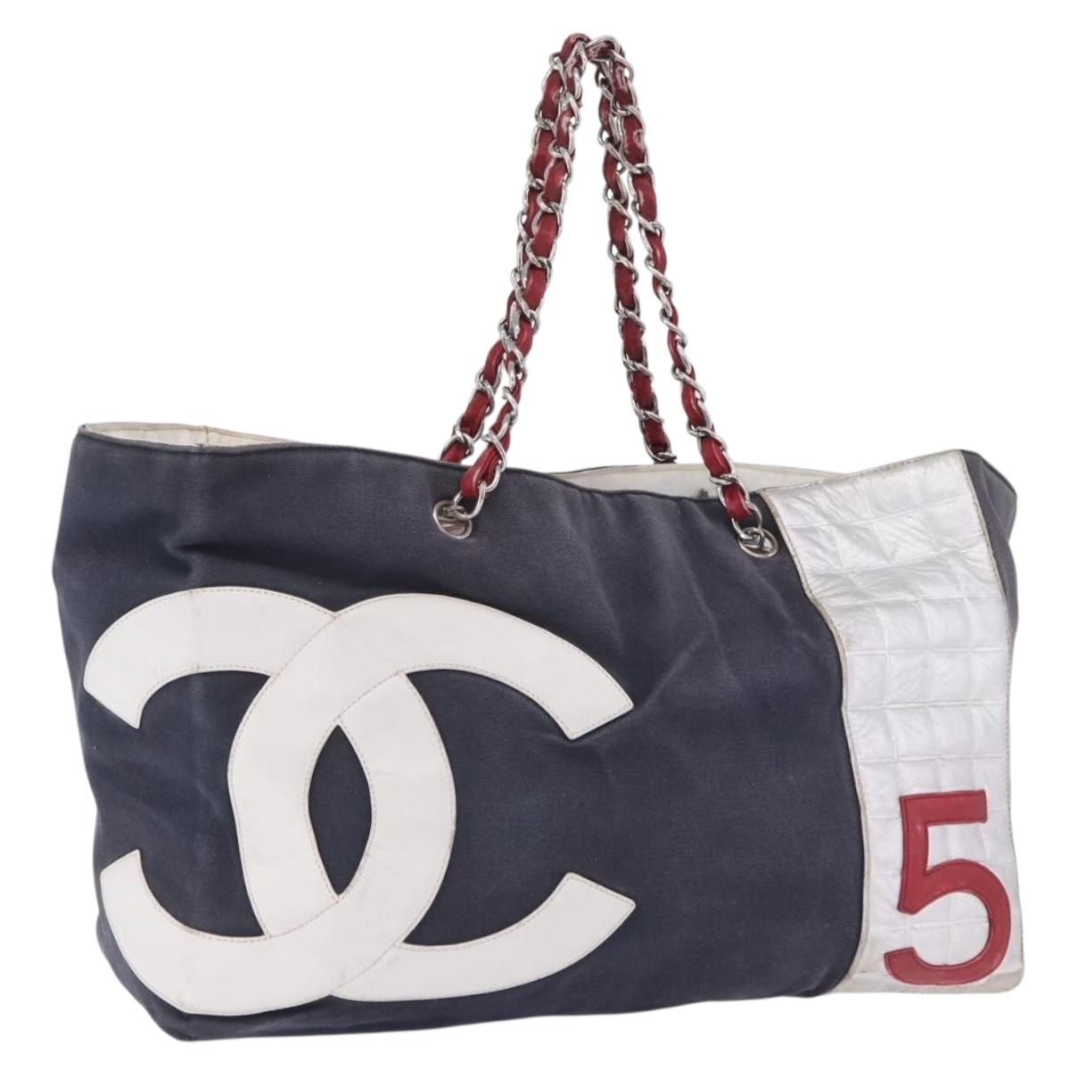CHANEL Choco Bar Chain Boston Bag Canvas Navy Silver CC Auth 199538