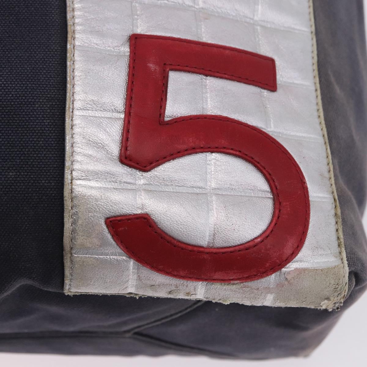 CHANEL Choco Bar Chain Boston Bag Canvas Navy Silver CC Auth 199538