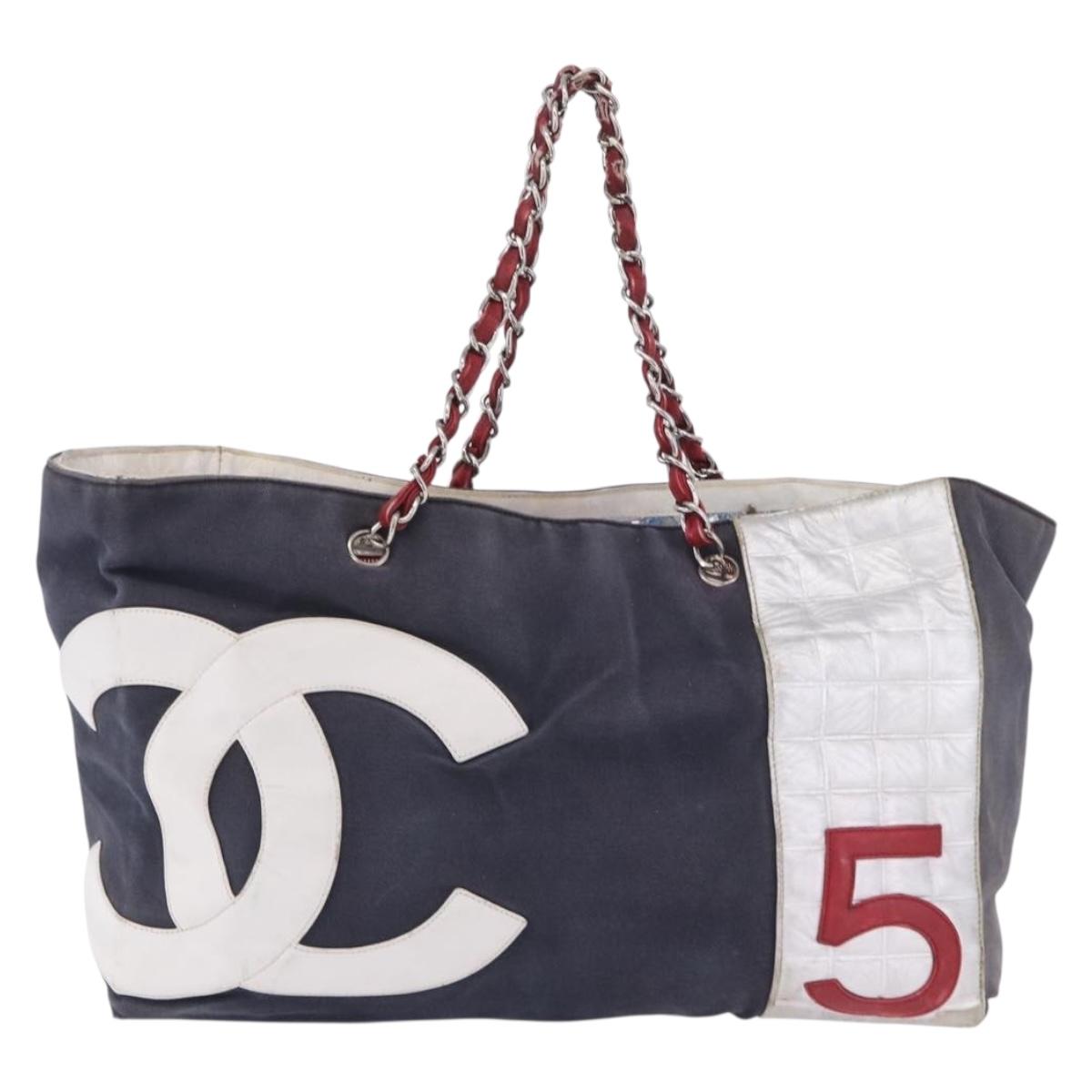 CHANEL Choco Bar Chain Boston Bag Canvas Navy Silver CC Auth 199538