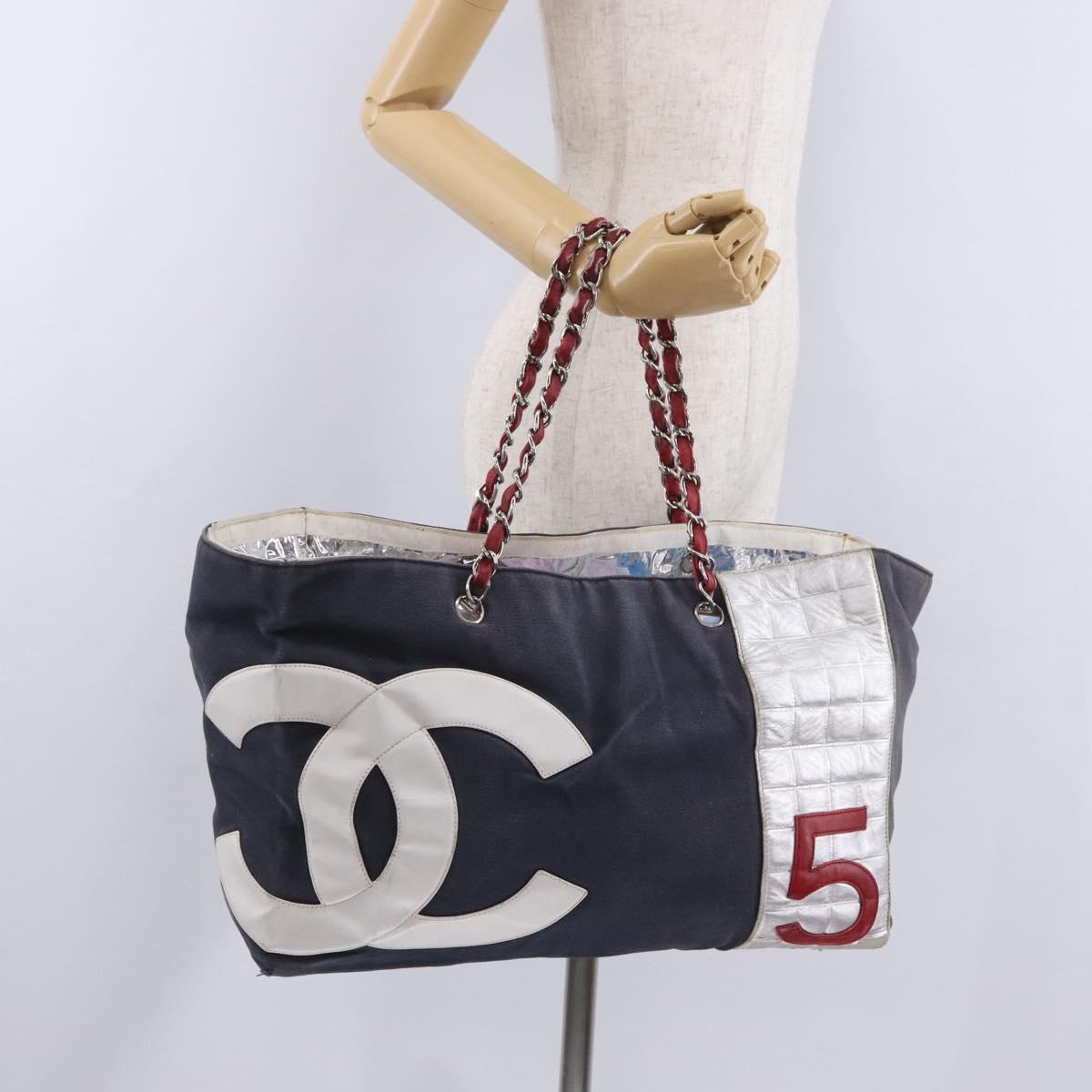 CHANEL Choco Bar Chain Boston Bag Canvas Navy Silver CC Auth 199538