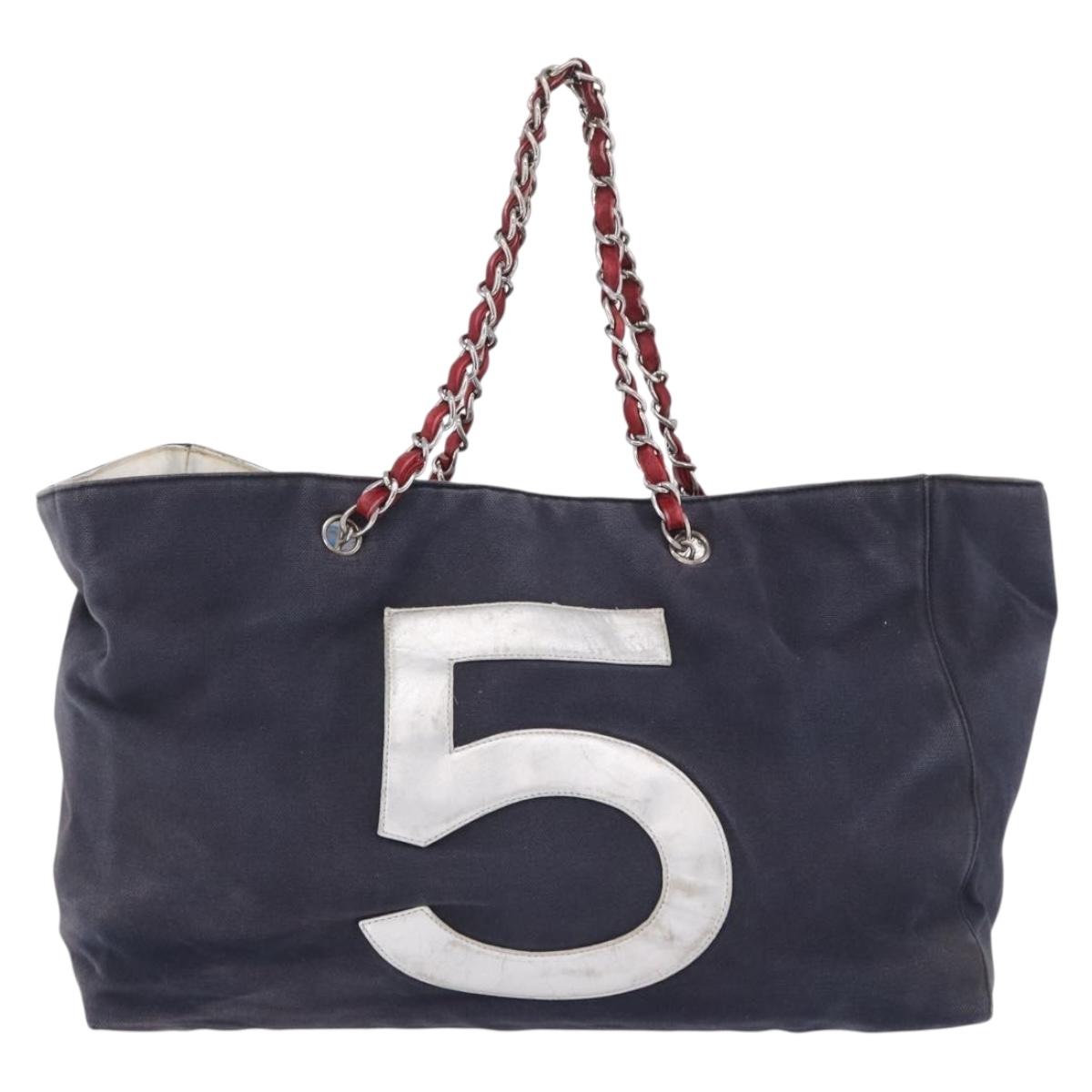 CHANEL Choco Bar Chain Boston Bag Canvas Navy Silver CC Auth 199538