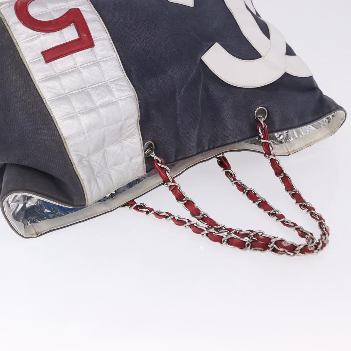 CHANEL Choco Bar Chain Boston Bag Canvas Navy Silver CC Auth 199538