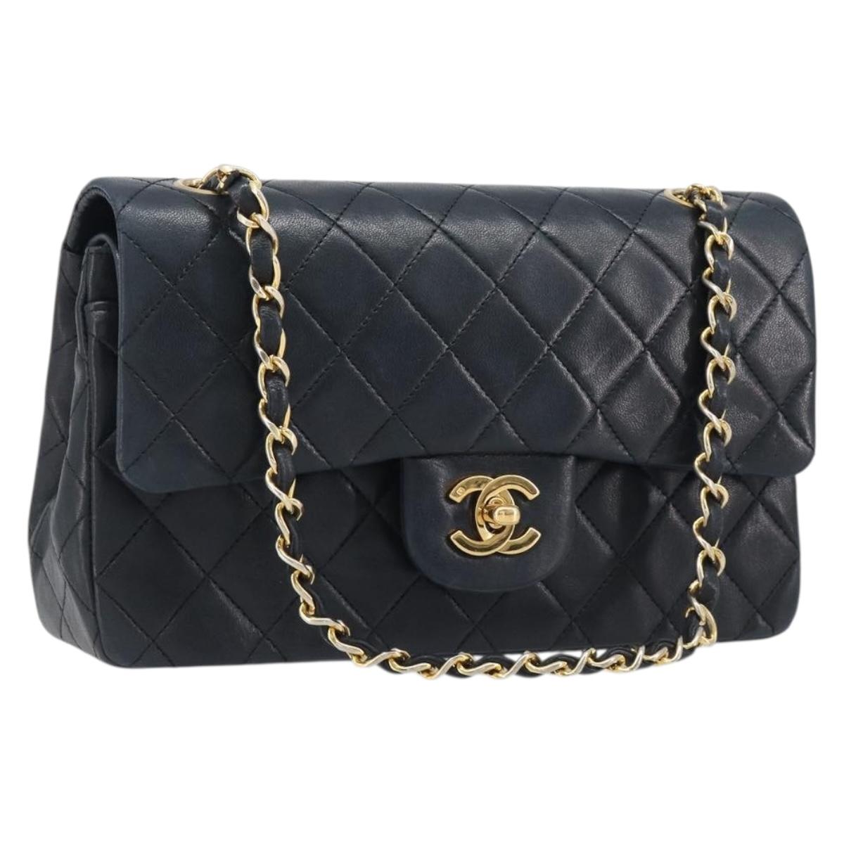 CHANEL Matelasse23 Double Flap Chain Bag Lamb Skin Black CC Auth 199542M