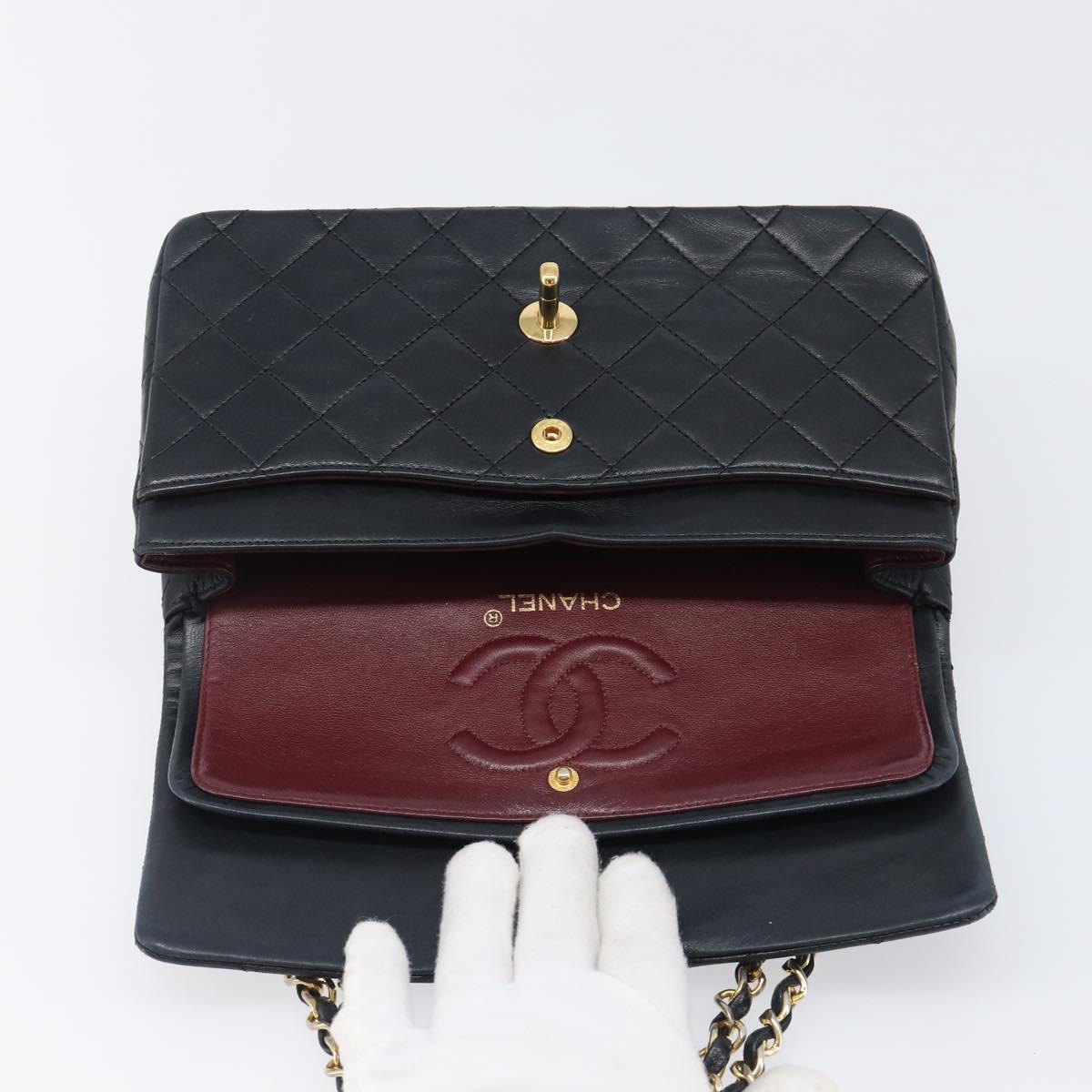 CHANEL Matelasse23 Double Flap Chain Bag Lamb Skin Black CC Auth 199542M