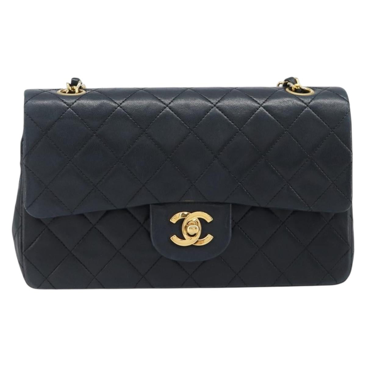 CHANEL Matelasse23 Double Flap Chain Bag Lamb Skin Black CC Auth 199542M