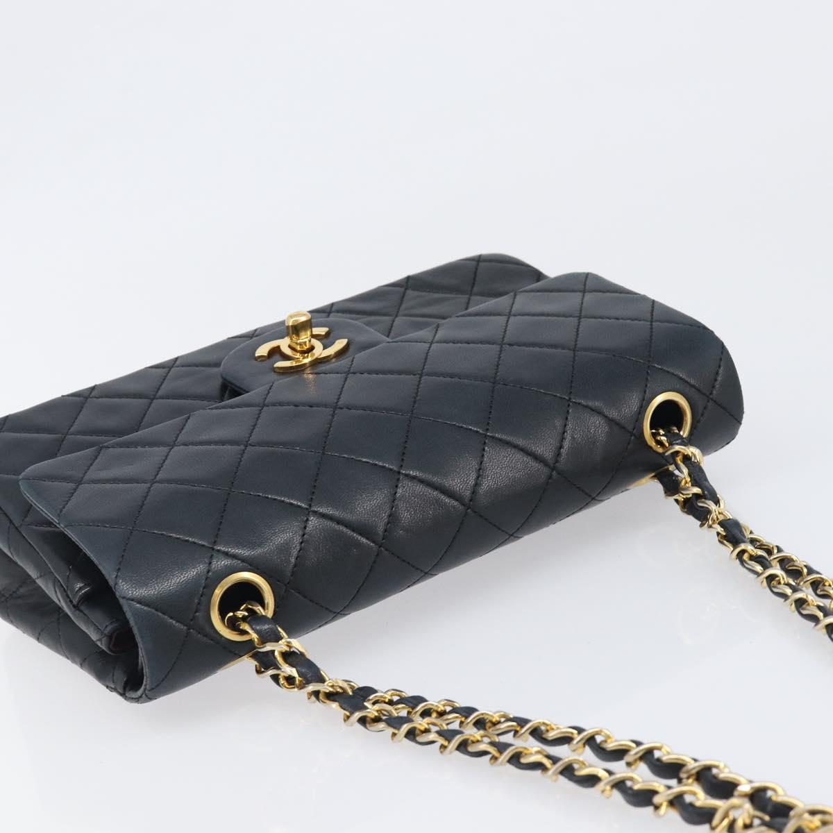 CHANEL Matelasse23 Double Flap Chain Bag Lamb Skin Black CC Auth 199542M