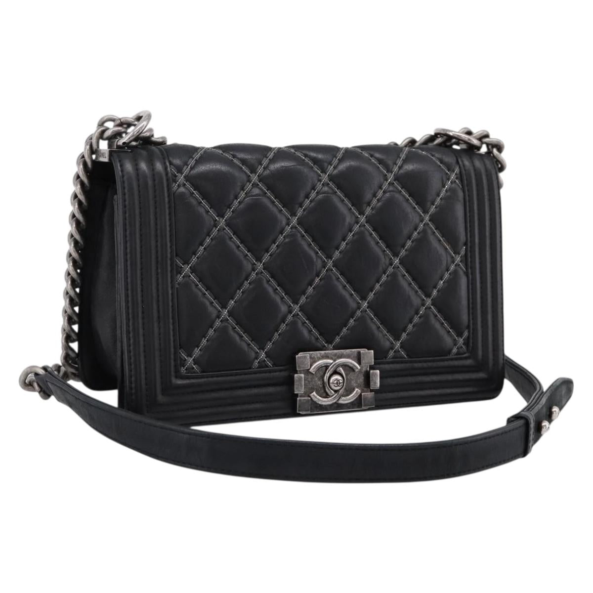 CHANEL Boy Chanel Matelasse Chain Bag Calf Skin Black Silver CC Auth 199543M
