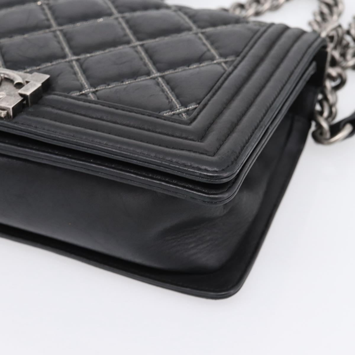 CHANEL Boy Chanel Matelasse Chain Bag Calf Skin Black Silver CC Auth 199543M