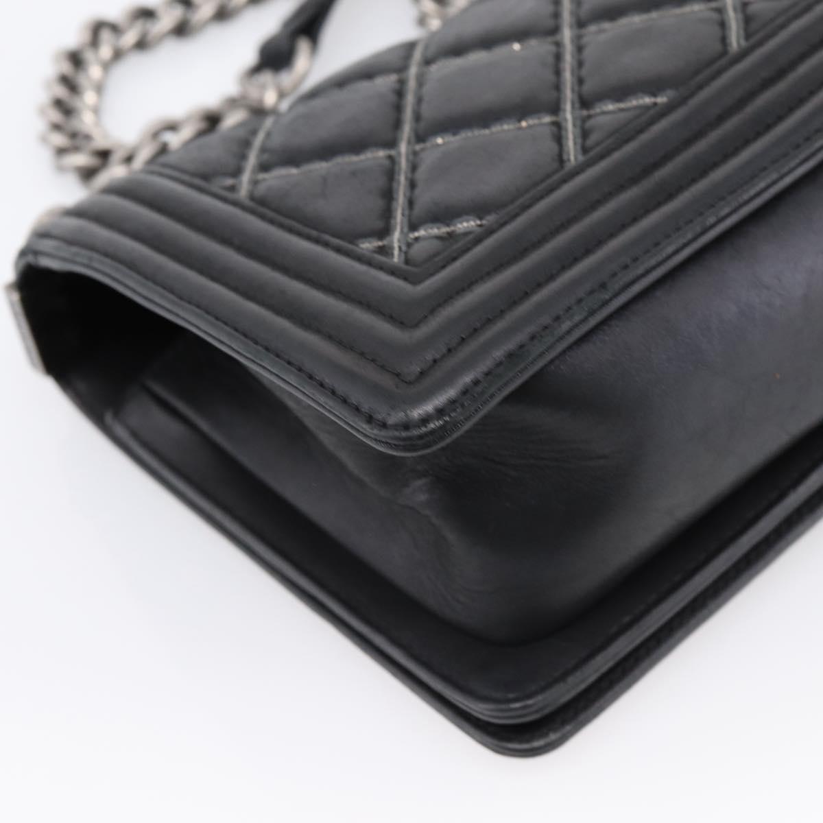 CHANEL Boy Chanel Matelasse Chain Bag Calf Skin Black Silver CC Auth 199543M
