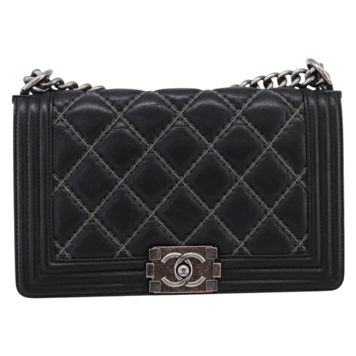 CHANEL Boy Chanel Matelasse Chain Bag Calf Skin Black Silver CC Auth 199543M