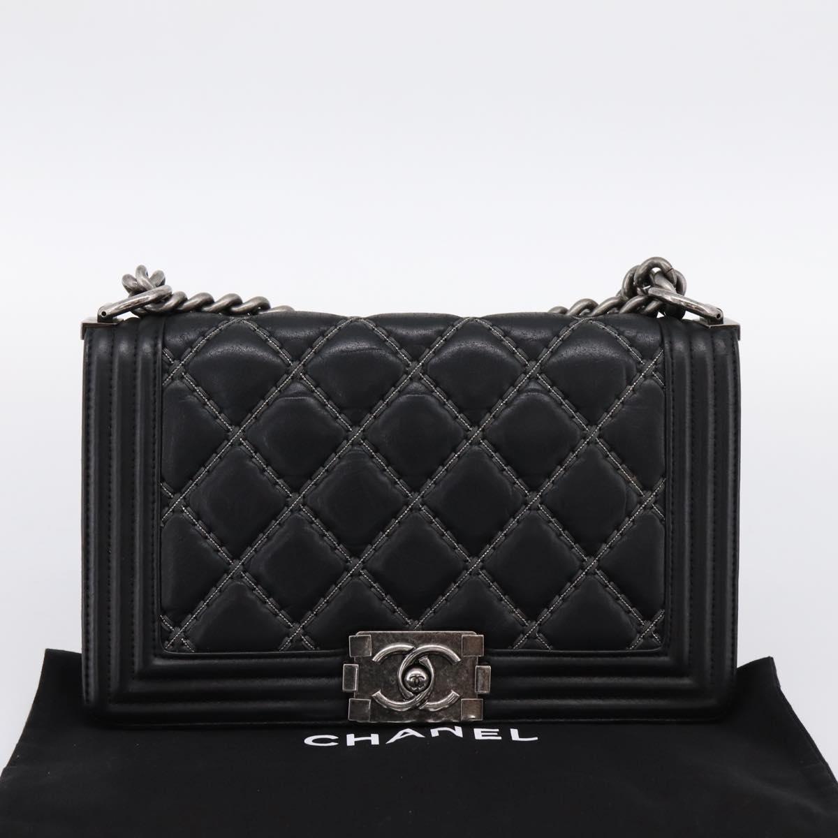 CHANEL Boy Chanel Matelasse Chain Bag Calf Skin Black Silver CC Auth 199543M