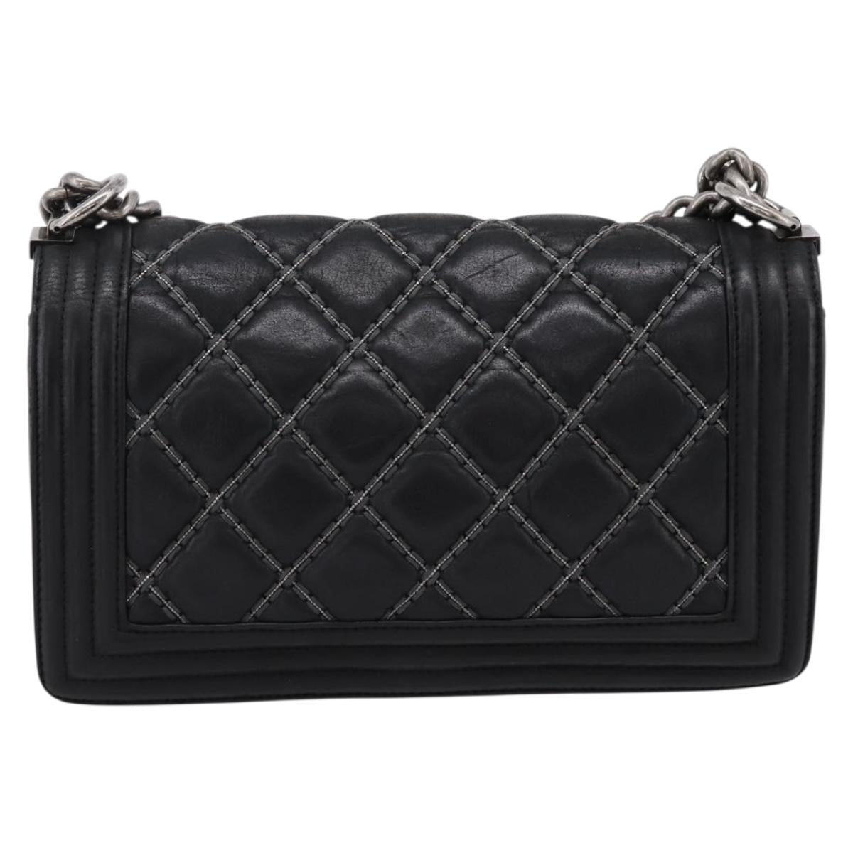 CHANEL Boy Chanel Matelasse Chain Bag Calf Skin Black Silver CC Auth 199543M