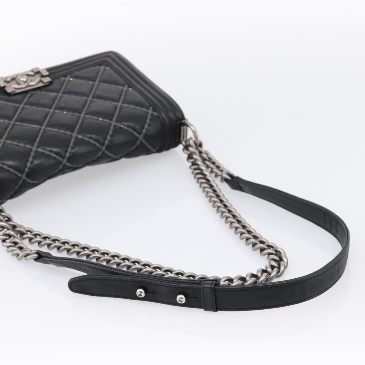 CHANEL Boy Chanel Matelasse Chain Bag Calf Skin Black Silver CC Auth 199543M