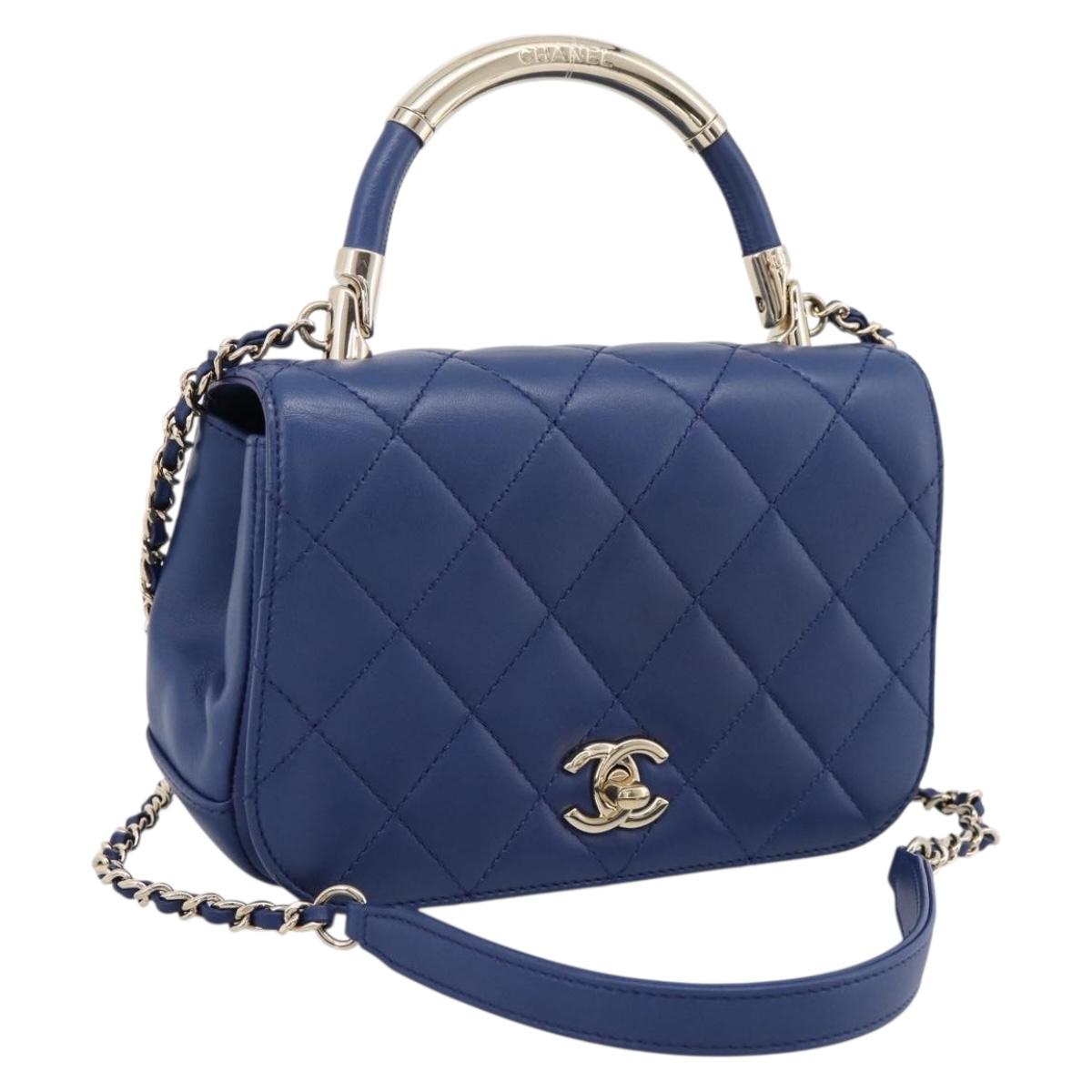 CHANEL Matelasse Top Handle Hand Bag Lamb Skin 2way Blue Gold CC Auth 199544SAM