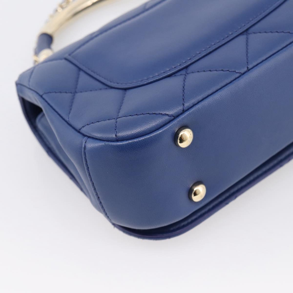 CHANEL Matelasse Top Handle Hand Bag Lamb Skin 2way Blue Gold CC Auth 199544SAM