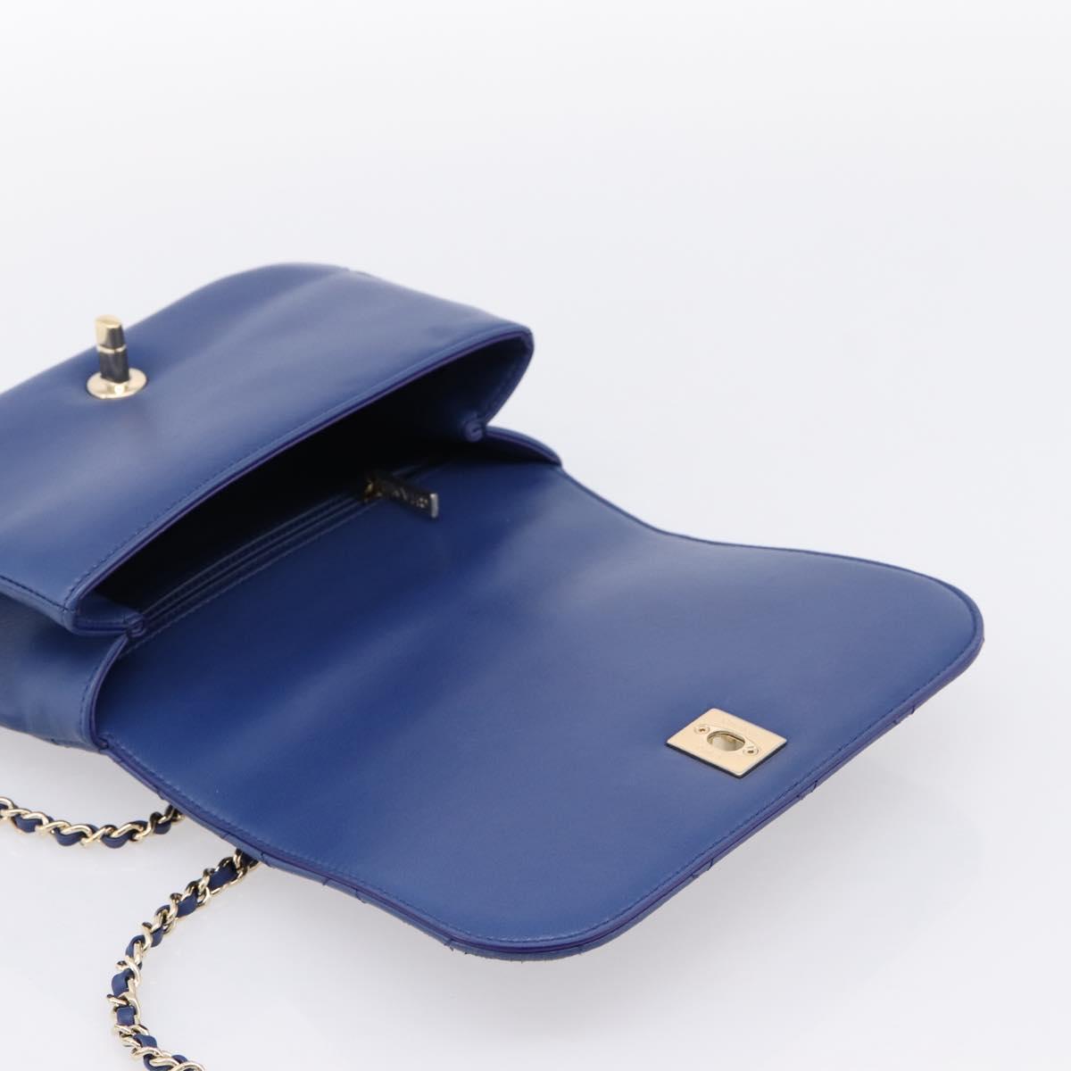 CHANEL Matelasse Top Handle Hand Bag Lamb Skin 2way Blue Gold CC Auth 199544SAM