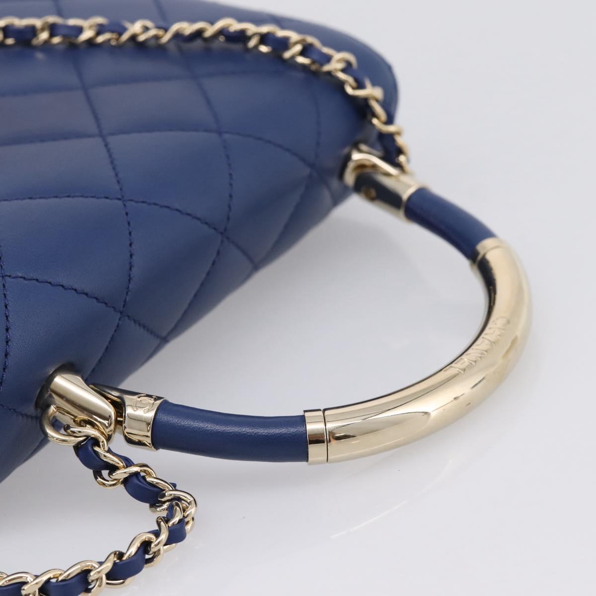 CHANEL Matelasse Top Handle Hand Bag Lamb Skin 2way Blue Gold CC Auth 199544SAM
