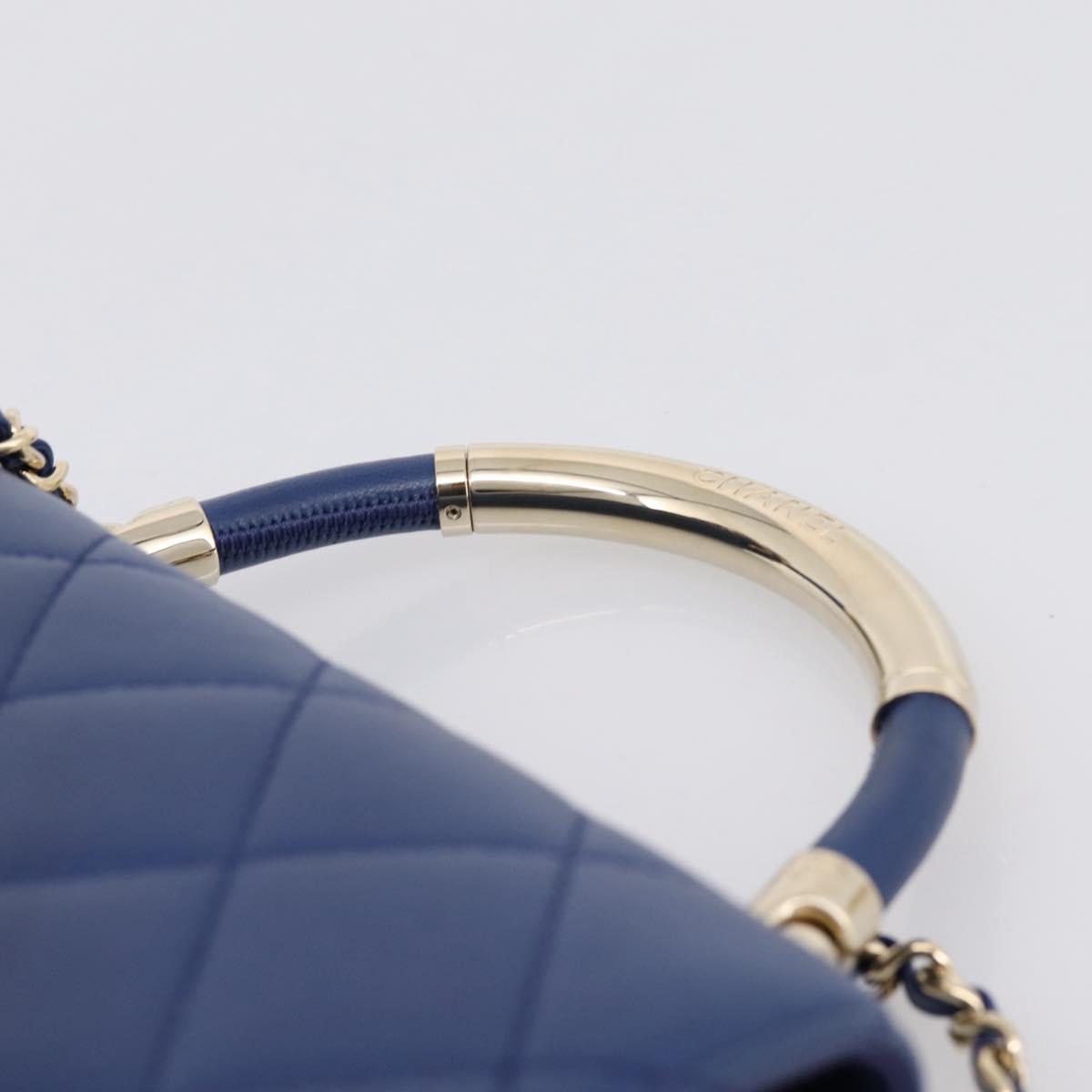CHANEL Matelasse Top Handle Hand Bag Lamb Skin 2way Blue Gold CC Auth 199544SAM