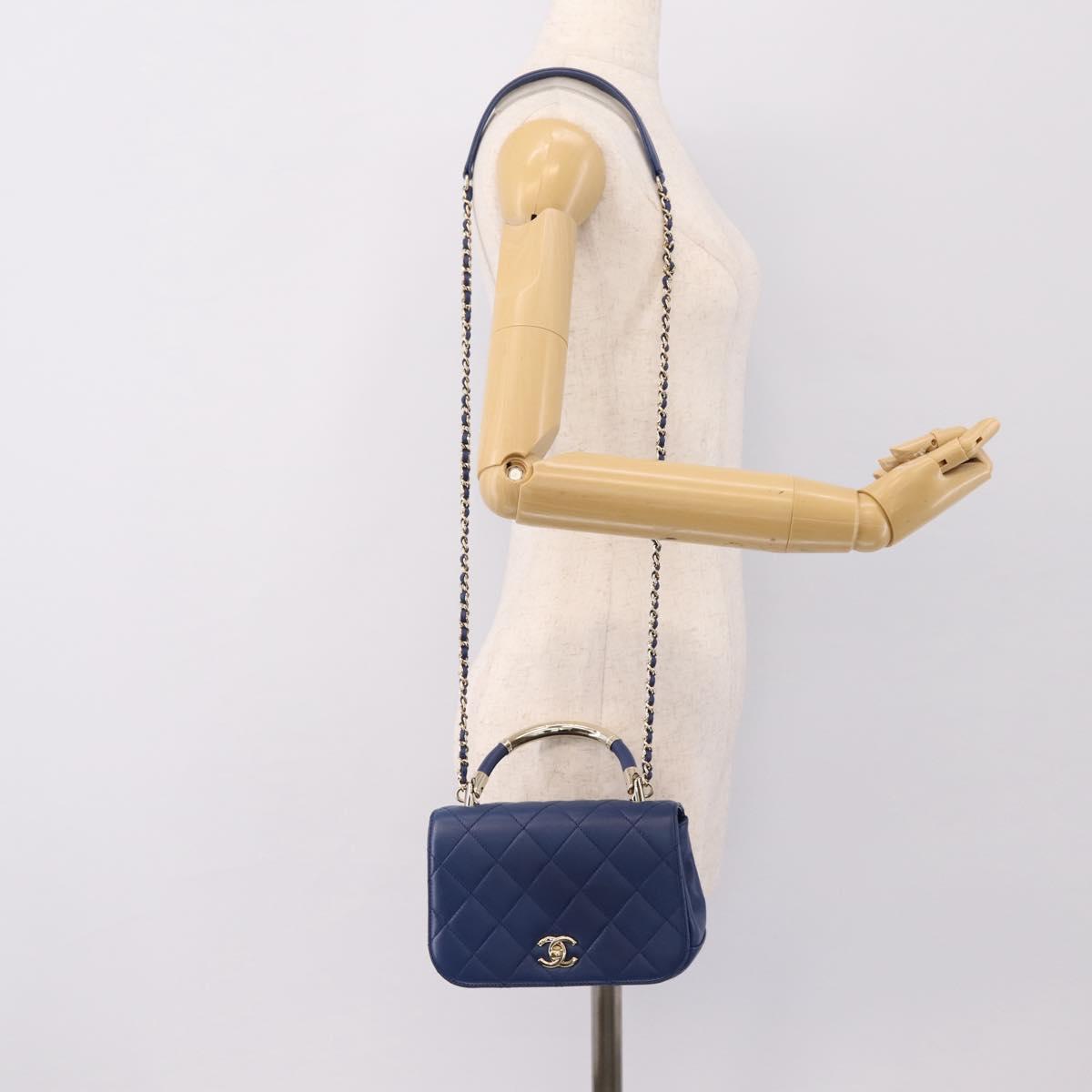 CHANEL Matelasse Top Handle Hand Bag Lamb Skin 2way Blue Gold CC Auth 199544SAM