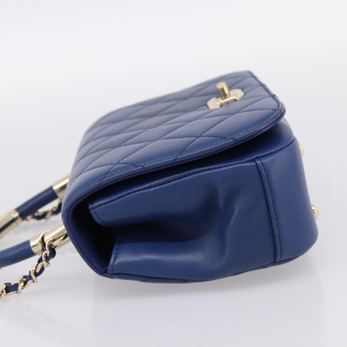 CHANEL Matelasse Top Handle Hand Bag Lamb Skin 2way Blue Gold CC Auth 199544SAM