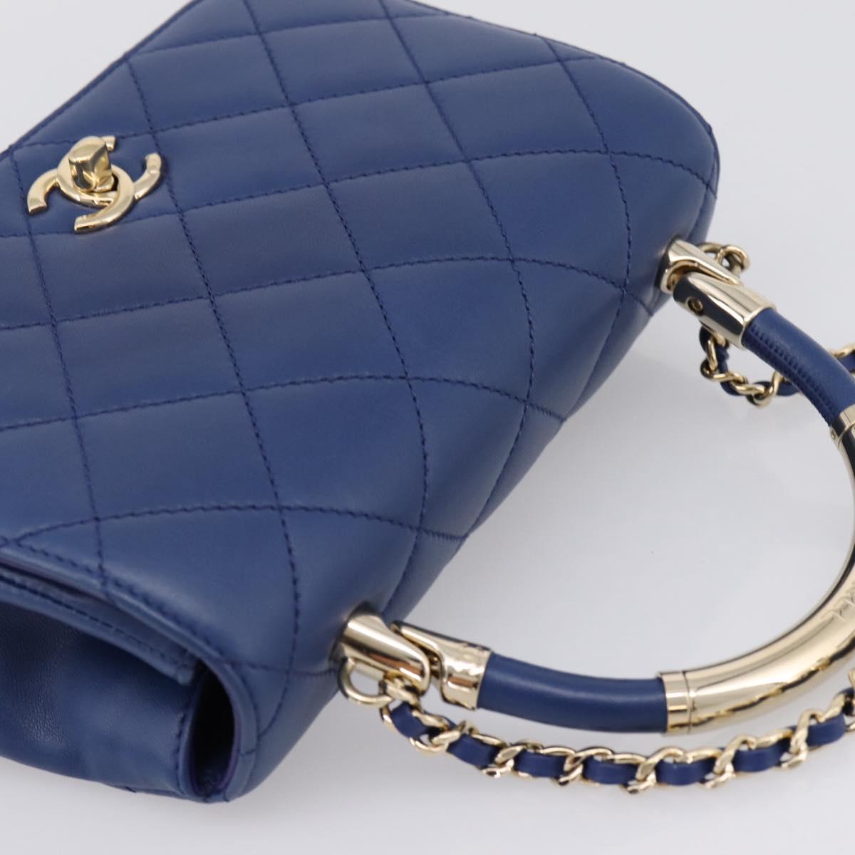 CHANEL Matelasse Top Handle Hand Bag Lamb Skin 2way Blue Gold CC Auth 199544SAM