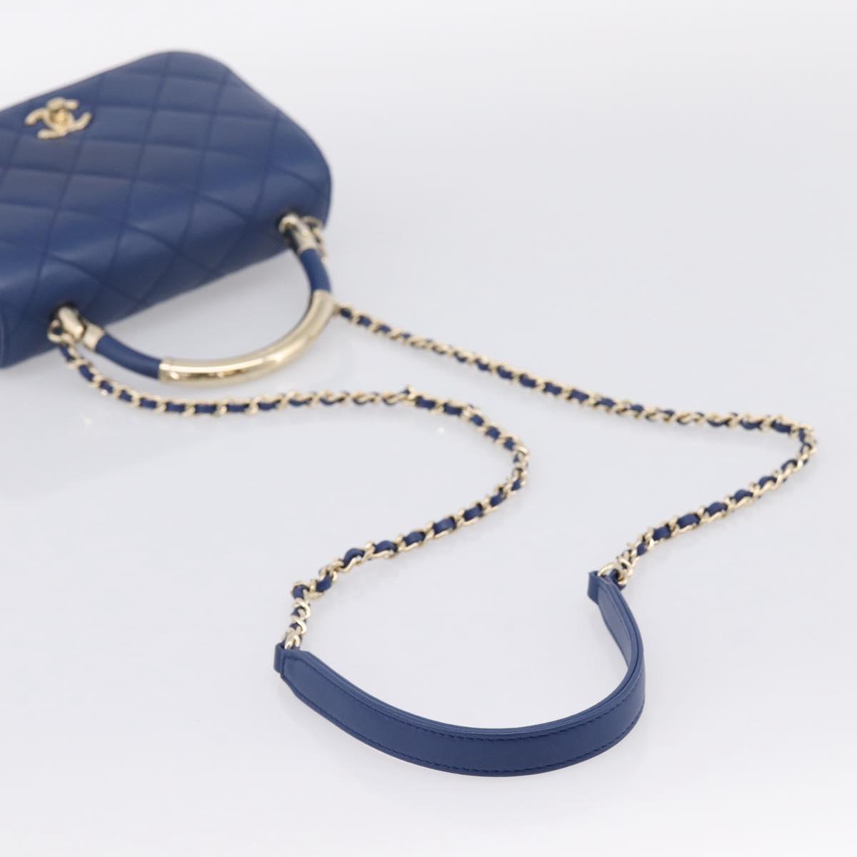 CHANEL Matelasse Top Handle Hand Bag Lamb Skin 2way Blue Gold CC Auth 199544SAM