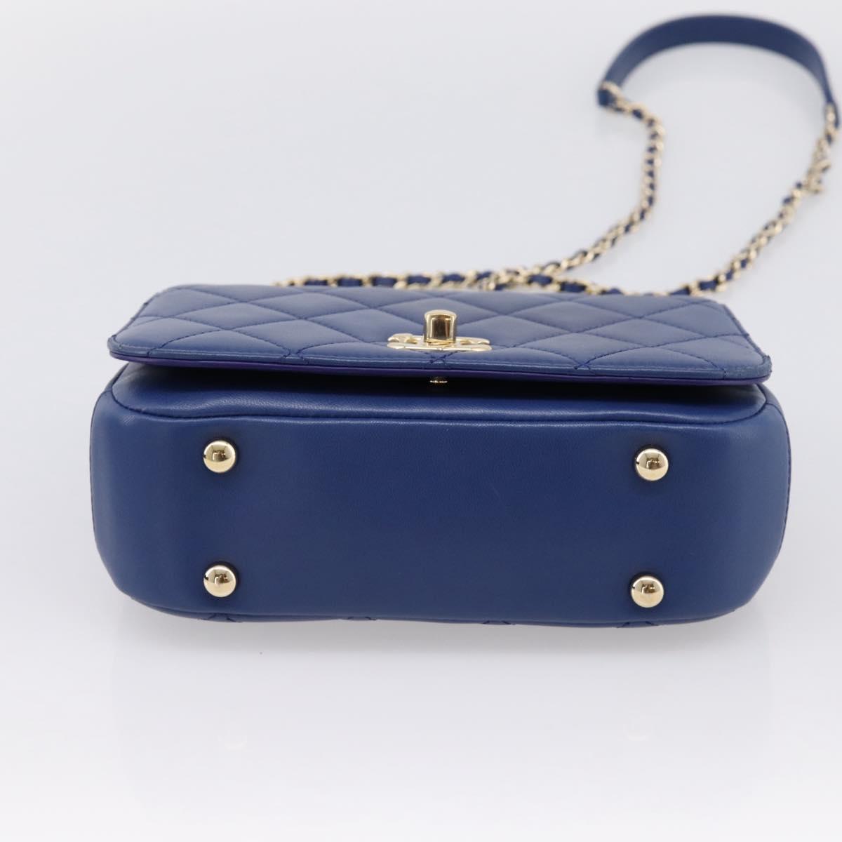 CHANEL Matelasse Top Handle Hand Bag Lamb Skin 2way Blue Gold CC Auth 199544SAM