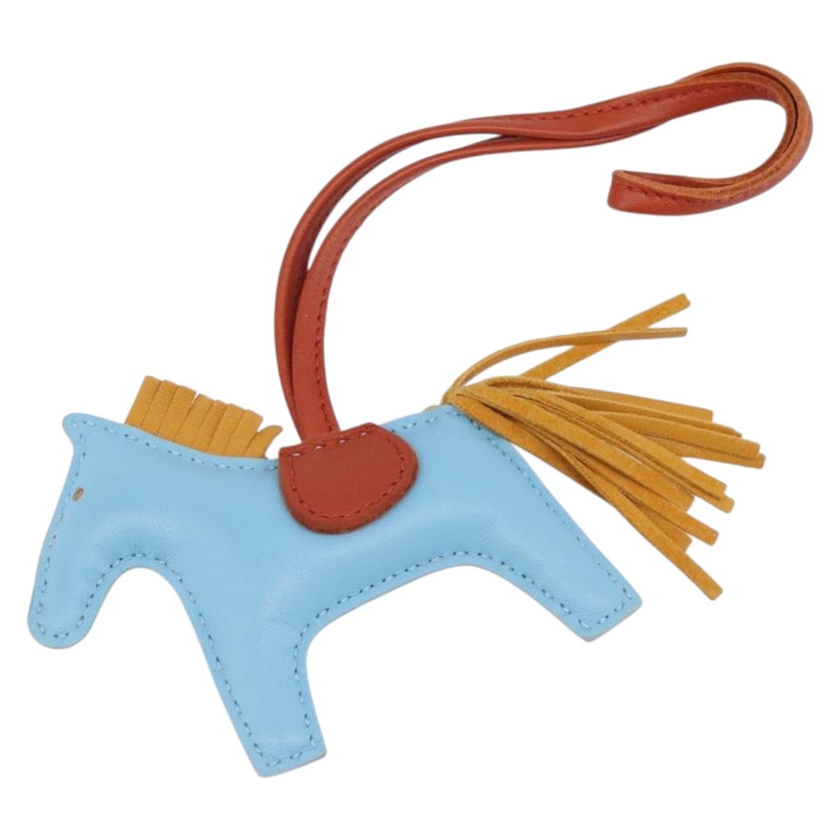 HERMES Rodeo Charm Leather Light Blue Brown Auth 199545M
