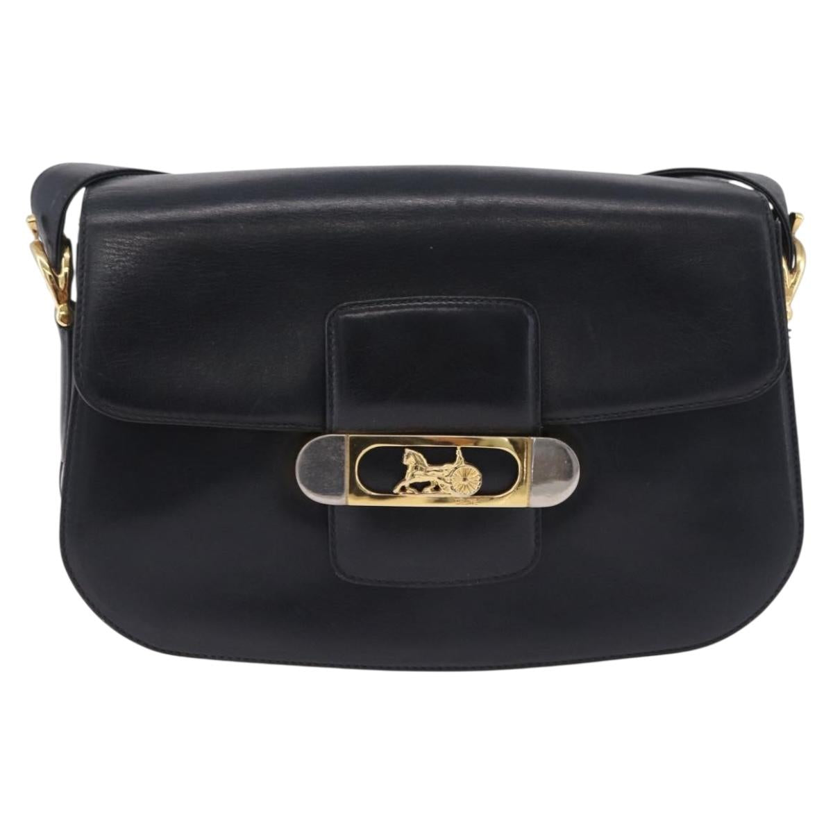 CELINE Horse Carriage Shoulder Bag Leather Black Gold Auth 199572