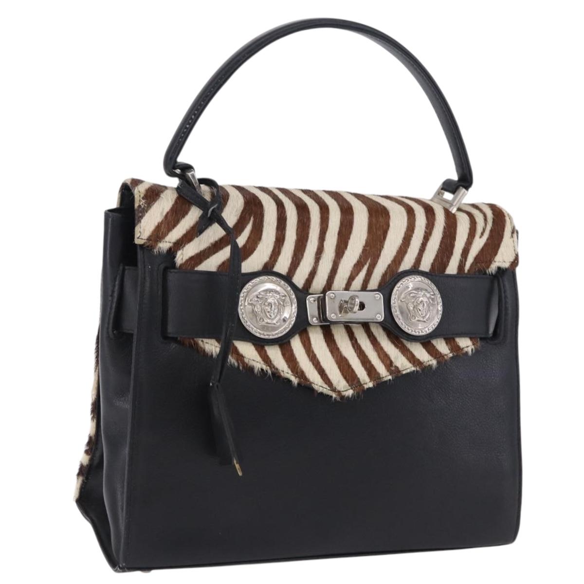 VERSACE Hand Bag Harako Leather Black Silver Auth 199575A